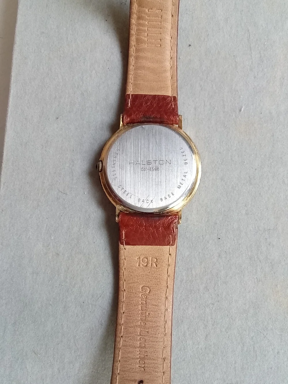 Halston Quartz Watch Moon Phase Date Gold Tone Brown Leather Strap 001-6M85